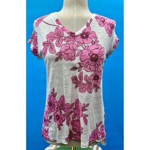 Cynthia Rowley Womens Gray Pink Floral 100% Linen V-Neck T-Shirt Size S